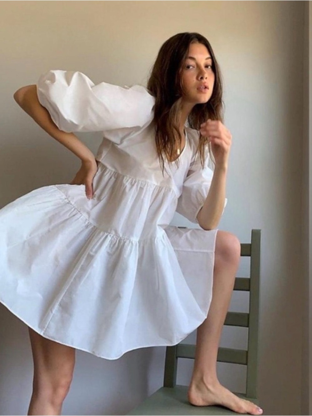 Nasty Gal White Puff-Sleeve Tiered Mini Dress